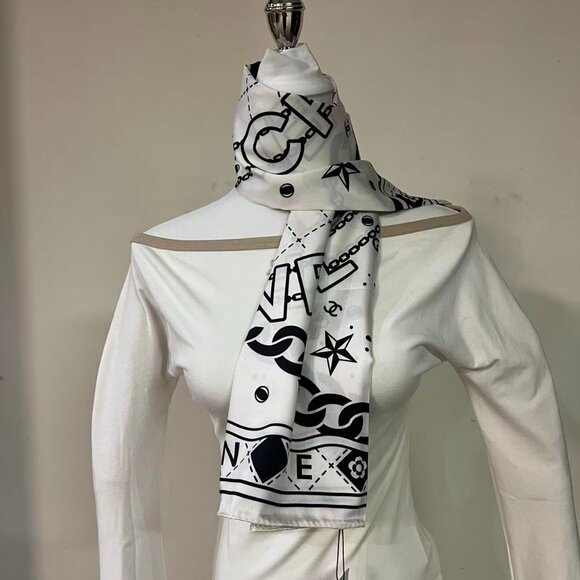 CHANEL Accessories - Chanel White Monogram Silk Scarf